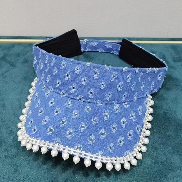 

Pearl Cowboy Baseball Cap With Open Top Sunshade Sun Proof Denim Wide Brim Hats, Blue;gray