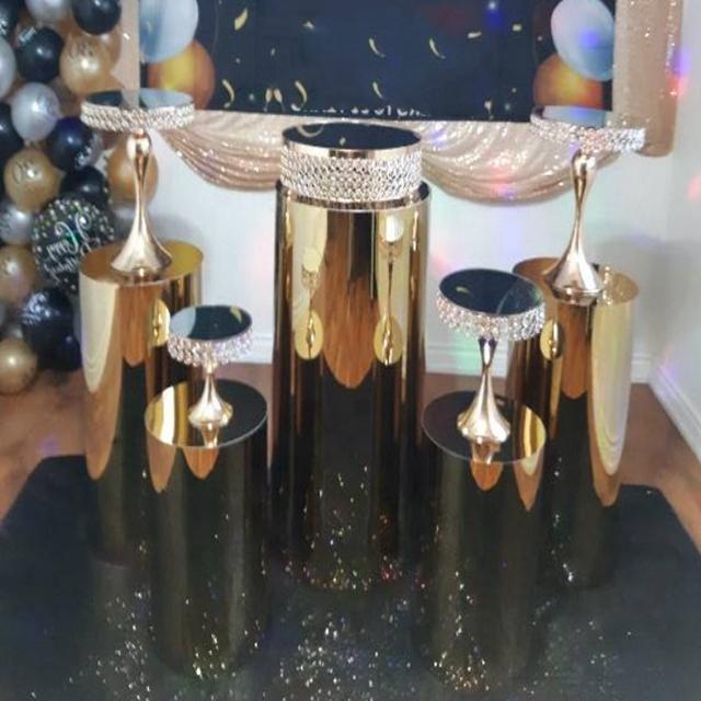

Party Decoration 5pcs/set)Gold Iron Round Cylinder Pedestal Stand Art Decor Plinths Pillars DIY Wedding Yudao928