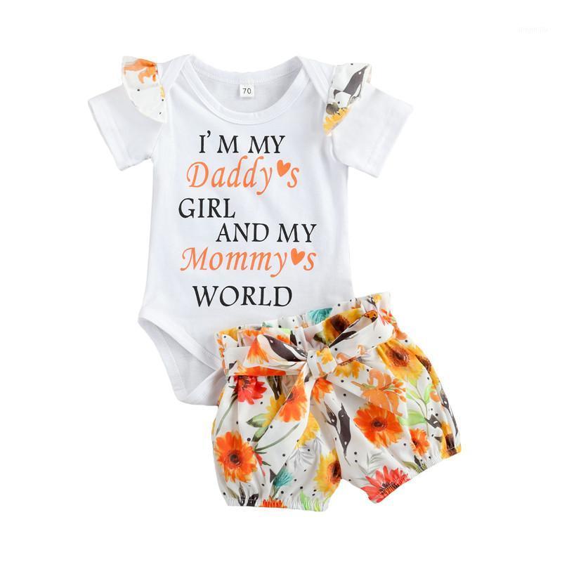 

Baby Girls Summer Outfits Short Sleeve Letter Print Bodysuit + Floral Shorts Set Clothing Casual Toddler Costume Sets, White