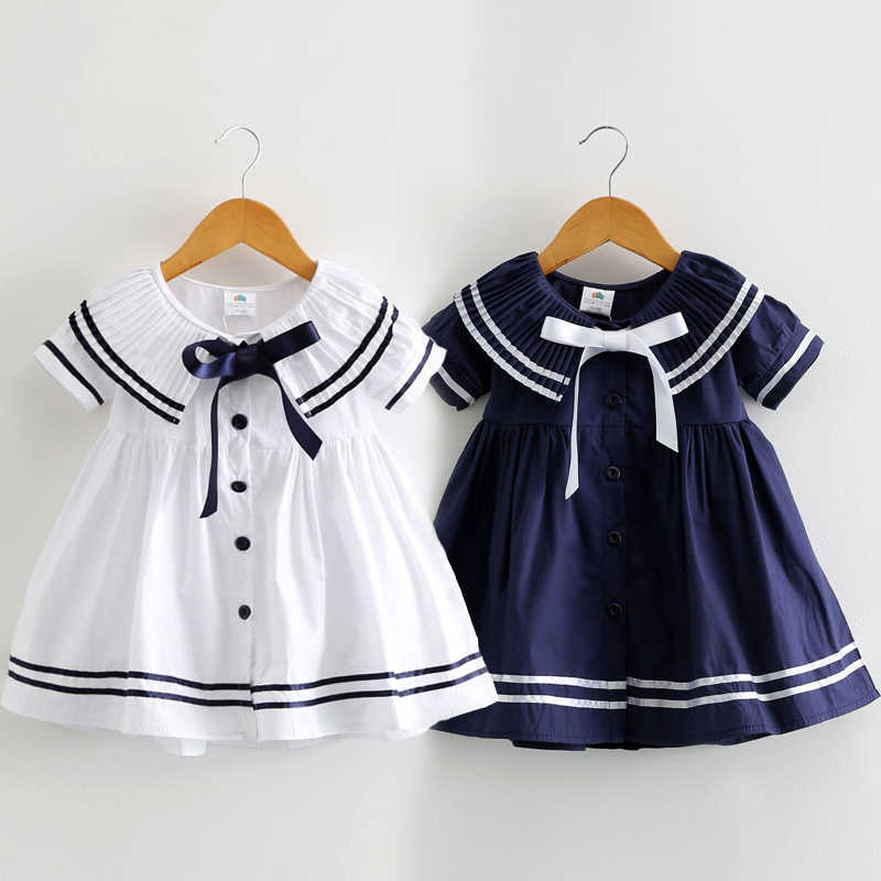 

Summer 2 3 4 6 8 10T Years Children Cute Short Sleeve Botton Bow Sailor Collar Patchwork Little Kids Navy Blue Girls Dress 210701