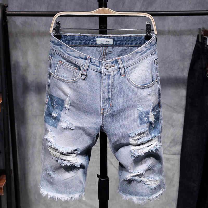 

Fashion Mens Ripped Short Jeans Hollow Out Bermuda Summer Vintage Distressed Hole Shorts Cowboys Knee Length Denim Shorts Male 210518, Sky blue