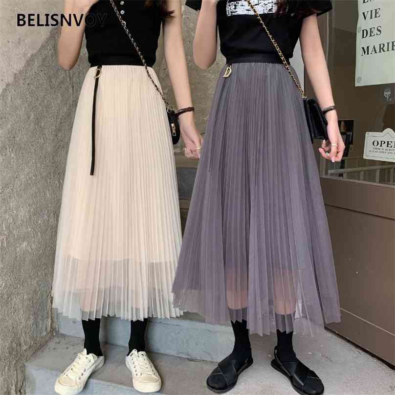 

Summer Korean Style Solid Skirts Women A-line Big Hem Fashion Pleated Female Mesh Elegant Office Ladies Tulle Skirt 210520, Khaki