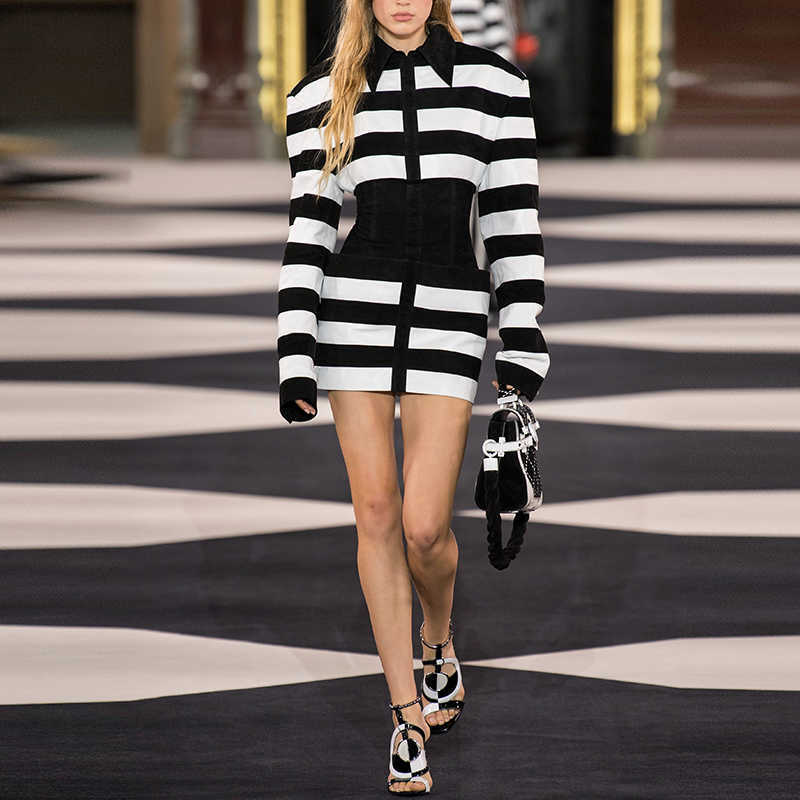 

HIGH QUALITY Autumn Winter Runway Women's Color Block Striped Smocked Waist Leather Velvet Patchwork Dress 210526, Blue