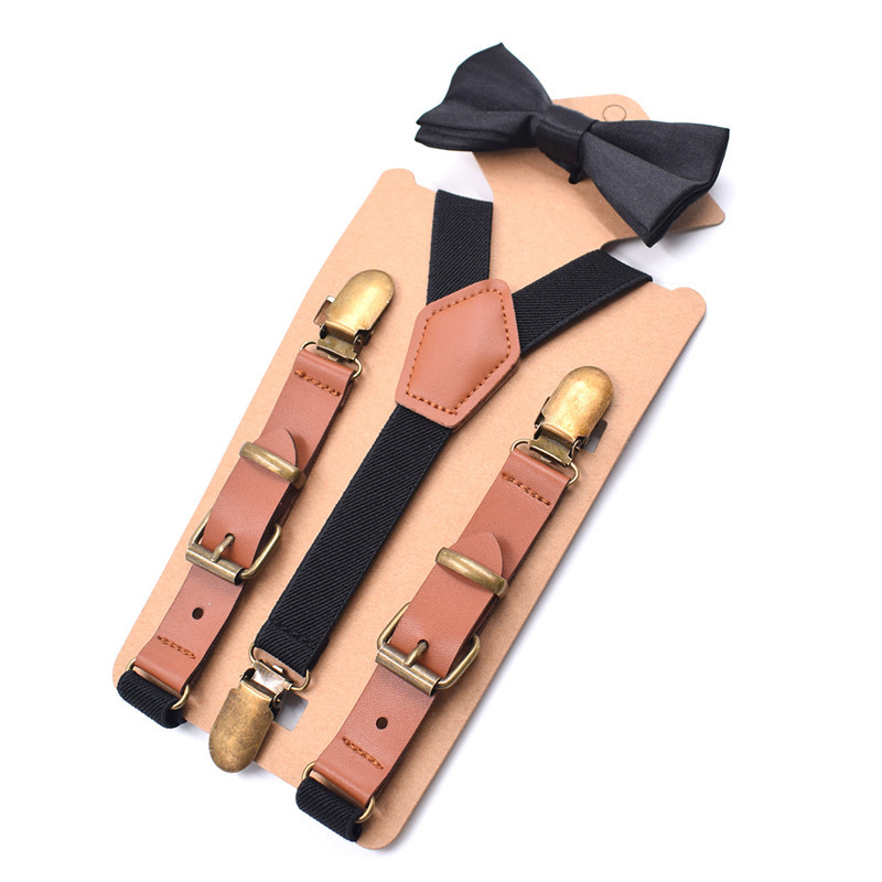 

Kids Vintage Suspenders Bow Tie Set Boy Girl Adjustable PU Leather Suspenders Children Braces Clip-on Trousers Ties Accessories