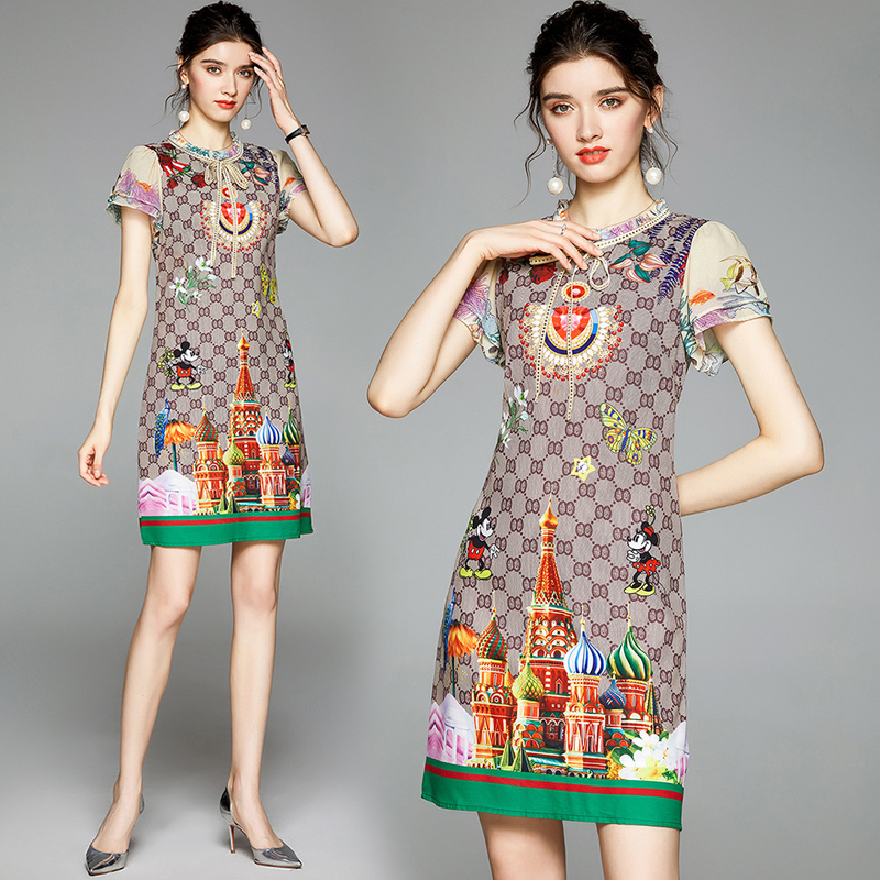 

2021 Summer Runway Printed Mini Dress Luxury Fashion Short Sleeve Mock Neck Prom Sexy Slim A-Line Ladies Designer Dresses Holiday Party Offi, Black;gray