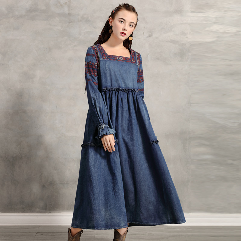 

Johnature Vintage Denim Dress Women Clothes Autumn Embroidery Lantern Sleeve Square Collar Loose Leisure Women Dresses 210521, Blue