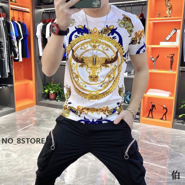 

2021 Europe station Cotton T-Shirts men stud drilling Tops Medusa trend fashion stretch slim fit breathable stamping printing versa, White;black
