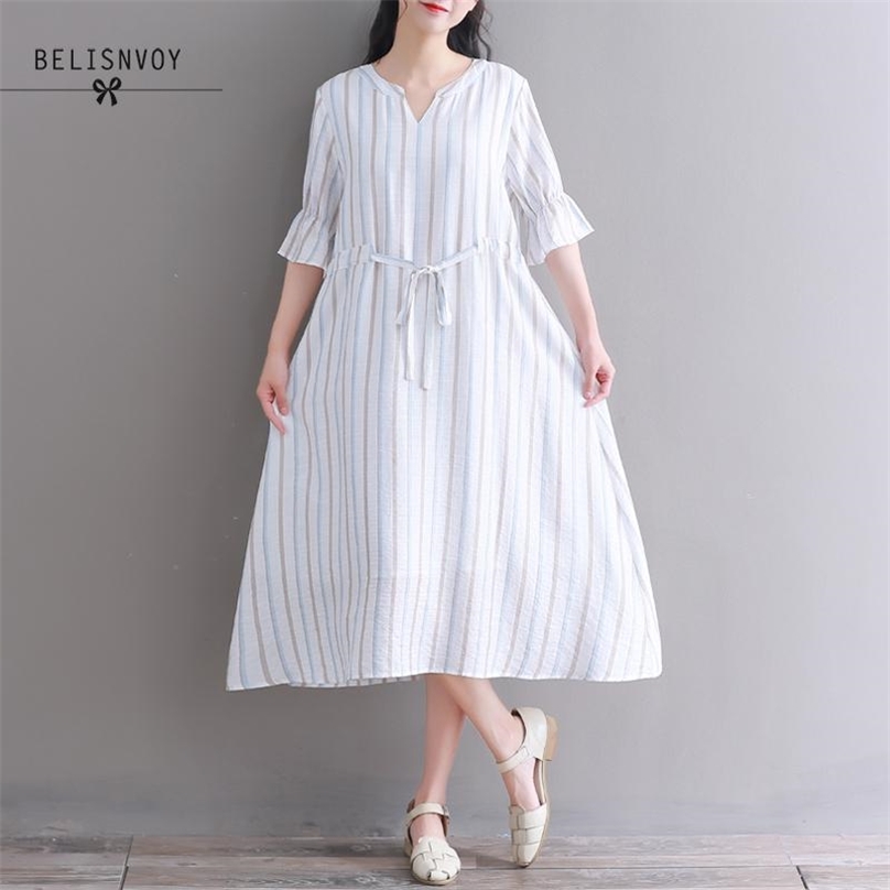 

Mori Girl Plus Size Loose Summer Dresses Women Short Sleeve Fashion Striped Dress Female Elegant Vestidos Cotton Linen 210520, Blue strips