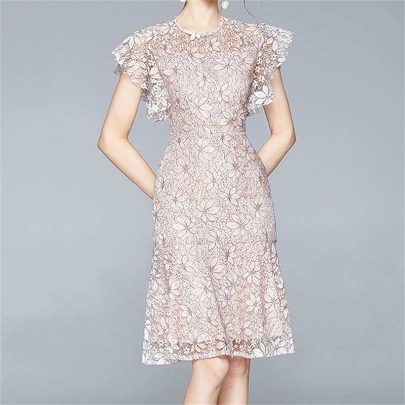 

Ruffles Lace Dresses Fashion Womens Short Sleeve Sexy O-Neck Hollow Out Slim Work Office Elegant Dress Vintage Vestido 210603, Picture color