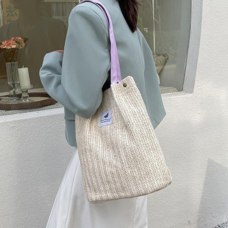 

Evening Bags 2021 Women Straw Woven Patchwork Hand Rattan Bucket Shoulder Female Summer Beach Shopper Bag Ladies Travel Purses