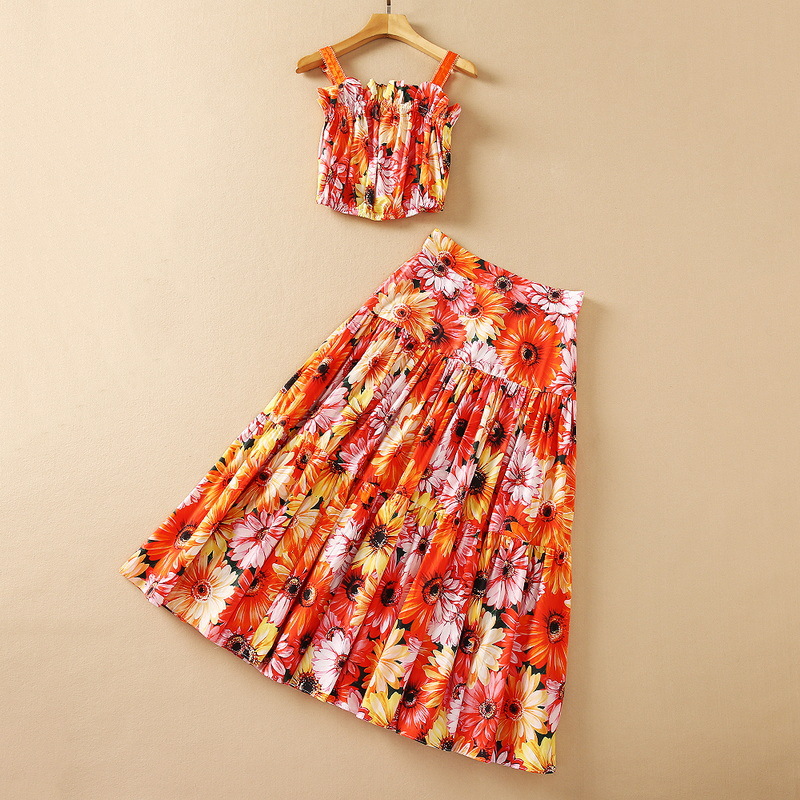 

European and American women's wear for summer 2021 Condole belt vest Chrysanthemum print pleated skirt fashion Cotton suit, Multi