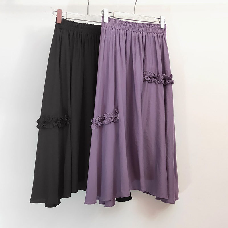 

skirts Summer Korean Style Cotton Fringes Solid Purple White Pleated A-line Mid-calf Long Skirts