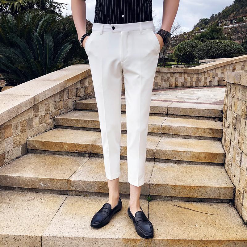 

Men's Suits & Blazers Genuine Suit Pants Slim Groom Wedding Trousers Solid Color Casual Nine Fashion Business Banquet Dress, White;black