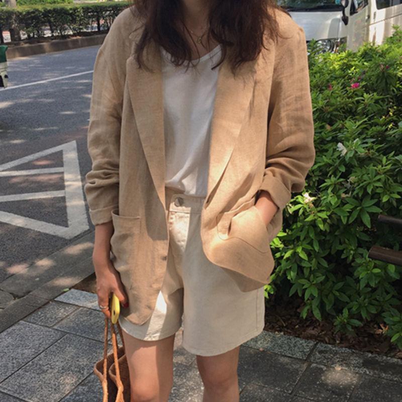

Women' Suits & Blazers Cotton Linen Blazer Women Spring Autumn Korean And Jackets Casual Jacket Oversized Coat Vintage British Style Loose, Khaki