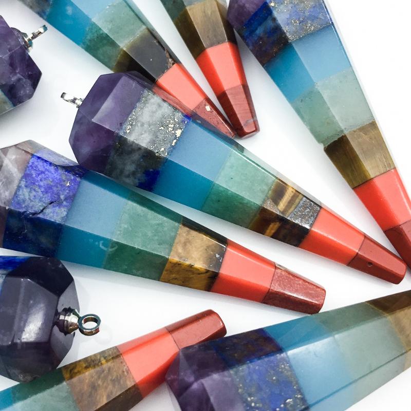 

Charms Natural Crystal Stone 7 Chakra Pendant Colorful Hexagon Cone Energy For Women Jewelry Making DIY Necklace Accessories, Bronze;silver