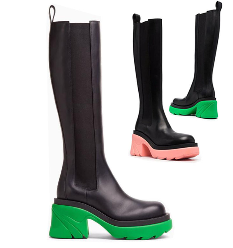 

aaa++ high heels green soles bottega tire high leather boots cowhide leather chelsea booties men platform chunky shoes lady knight high-boot, Black