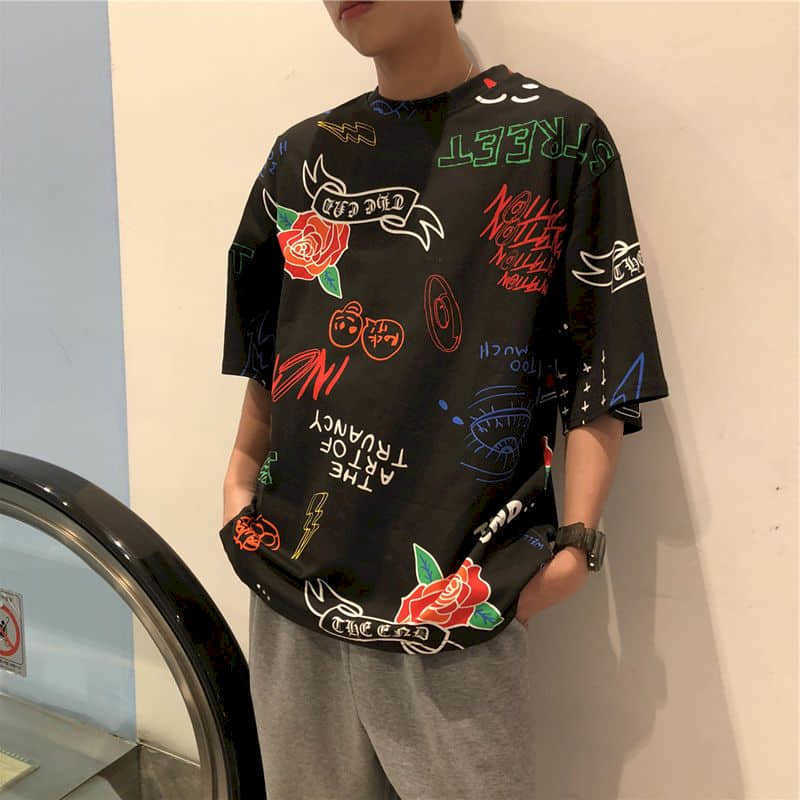 

[Cotton] Half-sleeved T-shirt Summer Short-sleeved Men's Trendy Hip-hop Personality Pattern Trend Loose Streetwear Top 210526, Dark gray