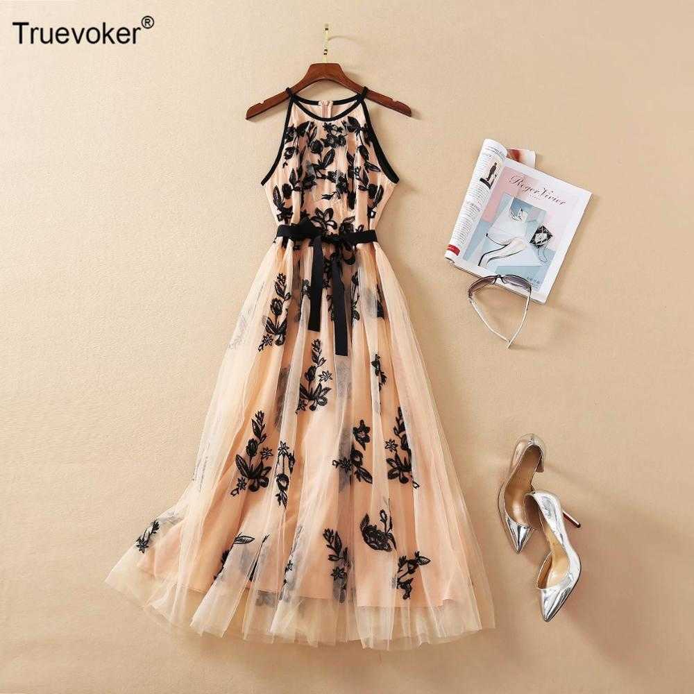 

Truevoker European Runway Fashion Lady Lace Party Vestido Sleeveless Retro Black Flower Embroidey Nude Mesh Midi Dresses 210602, Khaki