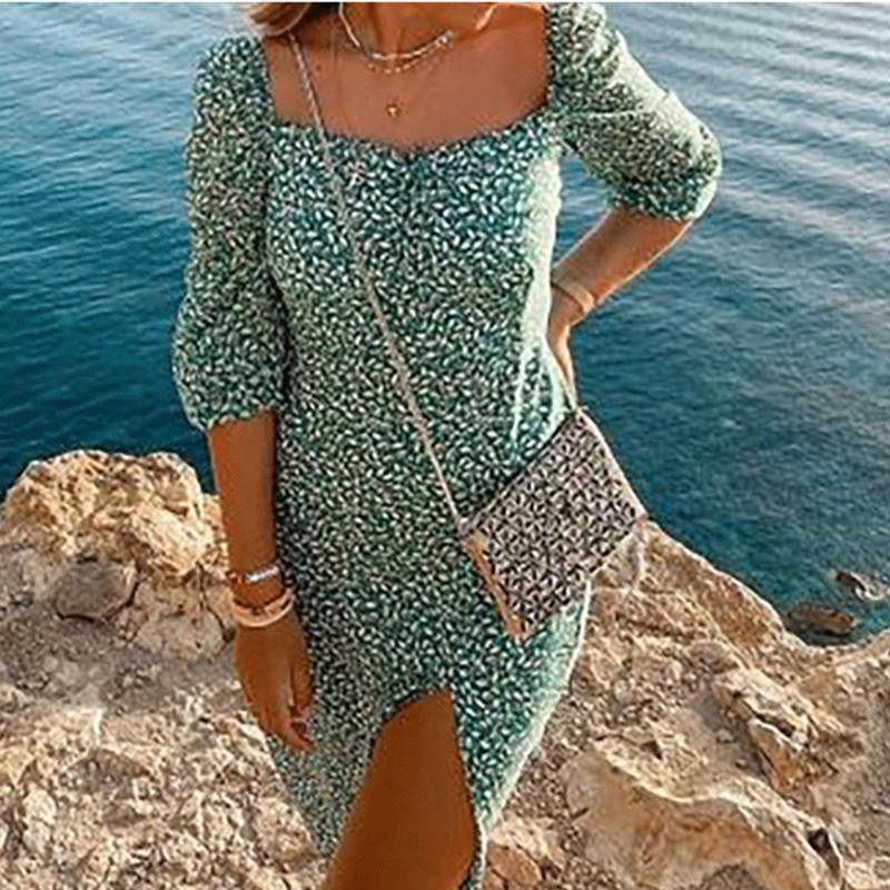 

Casual Dresses Spring Vintage Long Sleeve Green Floral Dress Women Autumn Winter Slit Maxi 2021 Leaf Print Boho Vestidos Femme, Black;gray