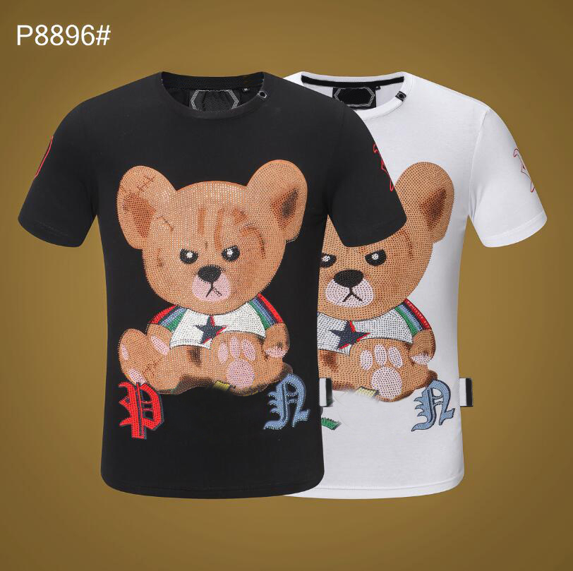 

PP Fashion Men's Designer slim fit T-shirt Summer rhinestone Short Sleeve Round Neck shirt tee Skulls Print Tops Streetwear collar Polo, White;black