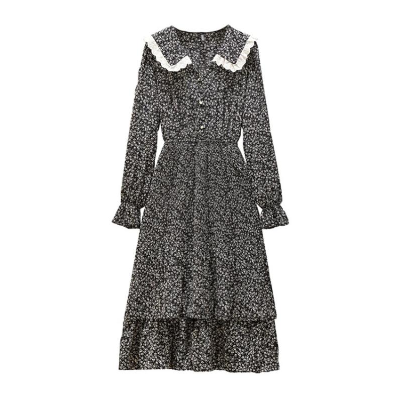 

Plus Size Dresses French Style Vintage Dress Women Long Sleeve Floral Chiffon 4XL Summer Holiday Beach Vestidos, Black