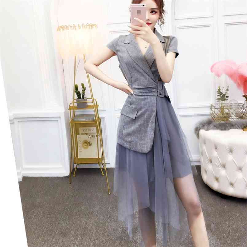 

Fashion Summer Women Dress Elegant Lady Notched Collar Patchwork Mesh Irregular Office OL Party Female Belt 210519, Photo color