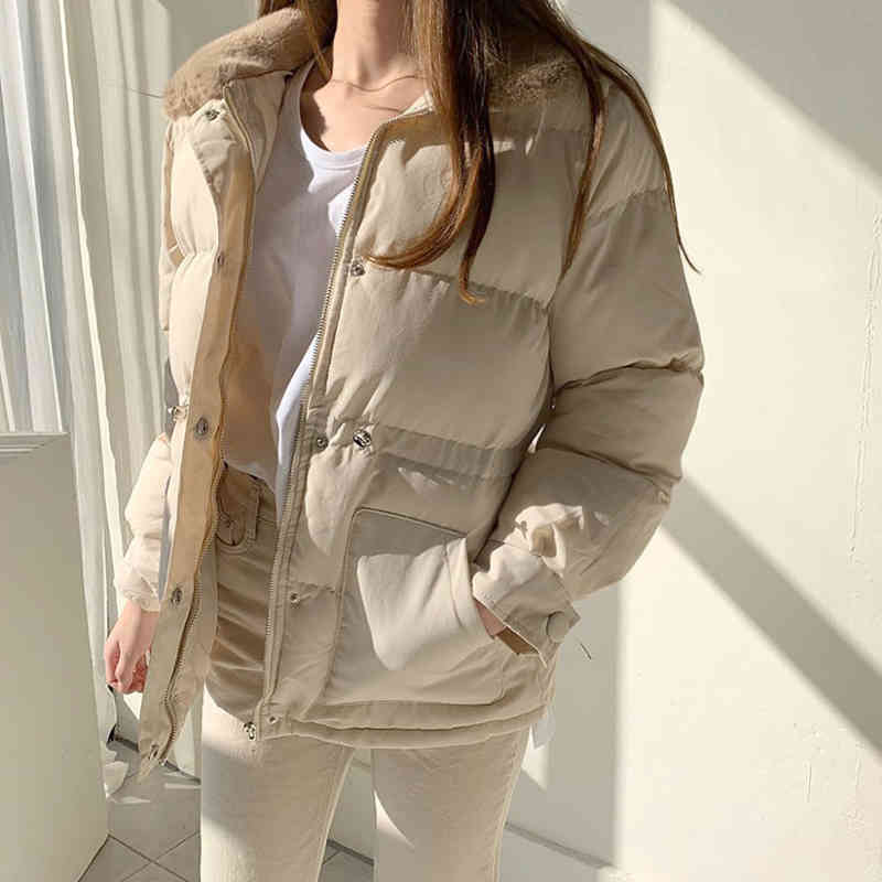 

downs Winter Women Coat Fur Collar Warm Loose Casual Solid Jacket Female Long Sleeve Outwear Elegant Tops, Black