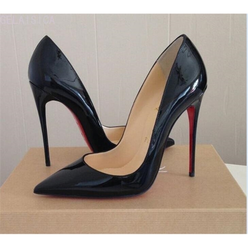 

Brand Women High Heel 12cm Nude Pumps Shoes Red Bottom Black Patent Leather Red Shoes and Bag for Party Wedding Shoes Size 34-44 210204
