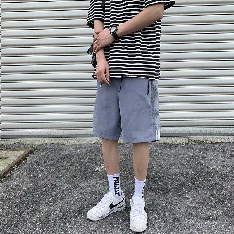 

Mens fashion shorts summer thin casual loose five point pants high quality striped trend solid color trousers, White;black