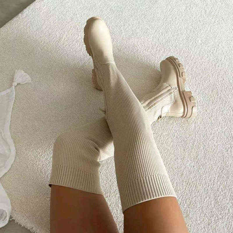 

Hot Sale-Boots Women Thigh High Knited Platform Chunky Over The Knee Sock Booties Ladies Casual Fashion Shoes Winter Woman botas, Bk