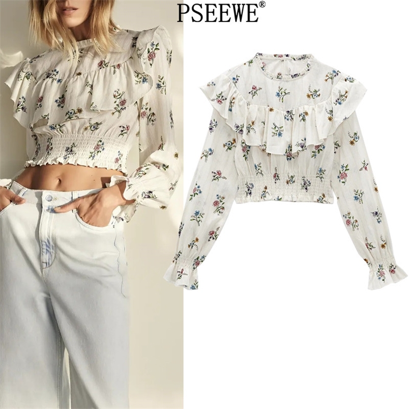 

Floral Print Crop Top Women Spring Ruffle Long Sleeve Chic Woman Blouse Fahion Elastic Hem Beautiful Blouses 210519, Beige