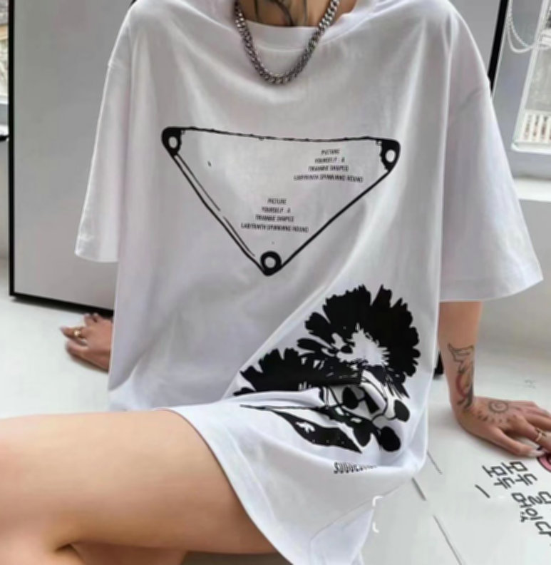 

Women T Shirts Summer Floral Print Casual Clothing Street Wear Crew Neck Short Sleeve Cotton Tees Black & White Top Quality