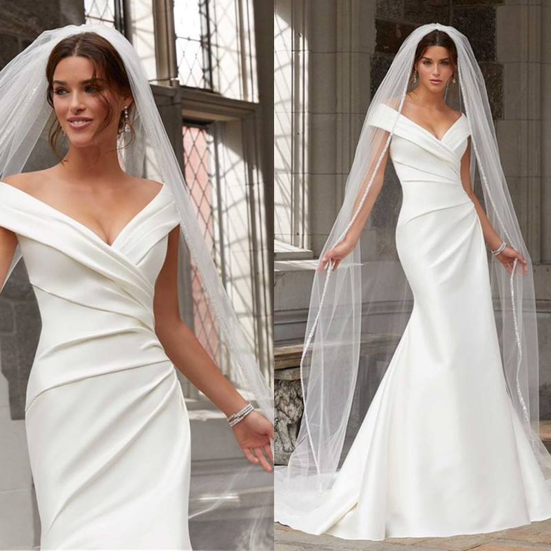 

2022 Satin Wedding Dress White Mermaid Plus Size vestidos de Boho Dress Off Shoulder Beach Grows Bridal Gowns, Ivory