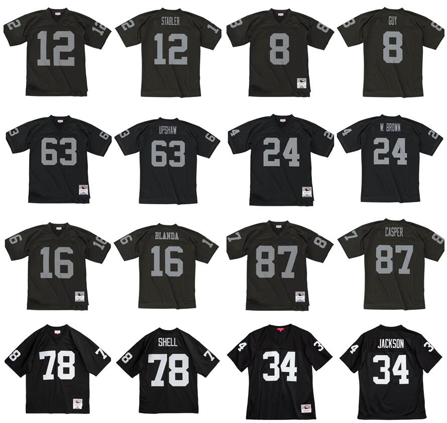 

Stitched football Jersey 12 Ken Stabler 78 Shell 63 Upshaw 24 Brown 8 Guy 87 Casper 16 Blanda 34 Jackson 1976-2002 Mitchell & Ness retro Rugby jerseys Men Women Youth S-6XL, Stitched jersey