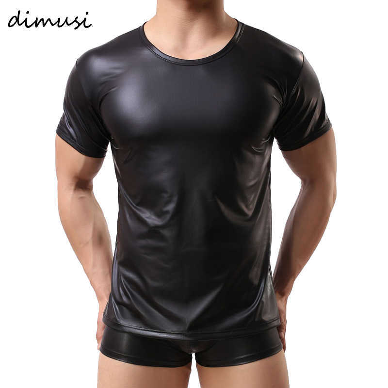 

DIMUSI PU Leather T Shirts Men Sexy Fitness Tops Gay T-shirt Tees  stage O-Neck Casual Clothes PA070 210629, Black