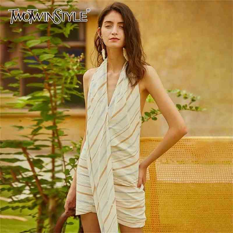 

Asymmetrical Striped Dress For Women Halter Sleeveless High Waist Backless Irregular Hem Mini Dresses Female 210520, White