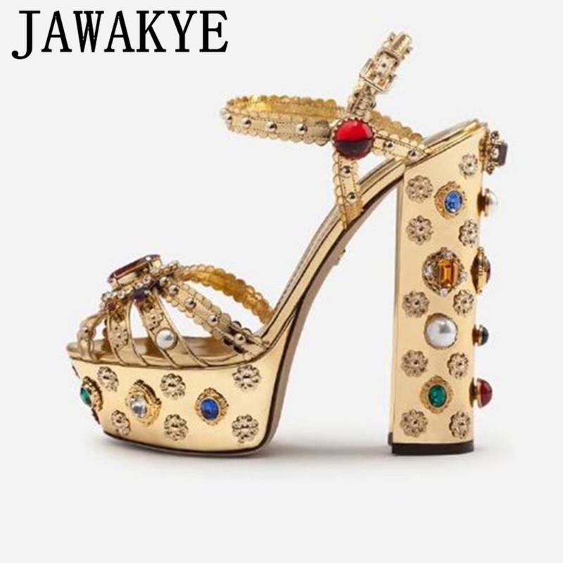

Luxury Rhinestone Metallic Gold Leather Sandals Chunky High Heel Platform Strappy Summer Party Shoes Women