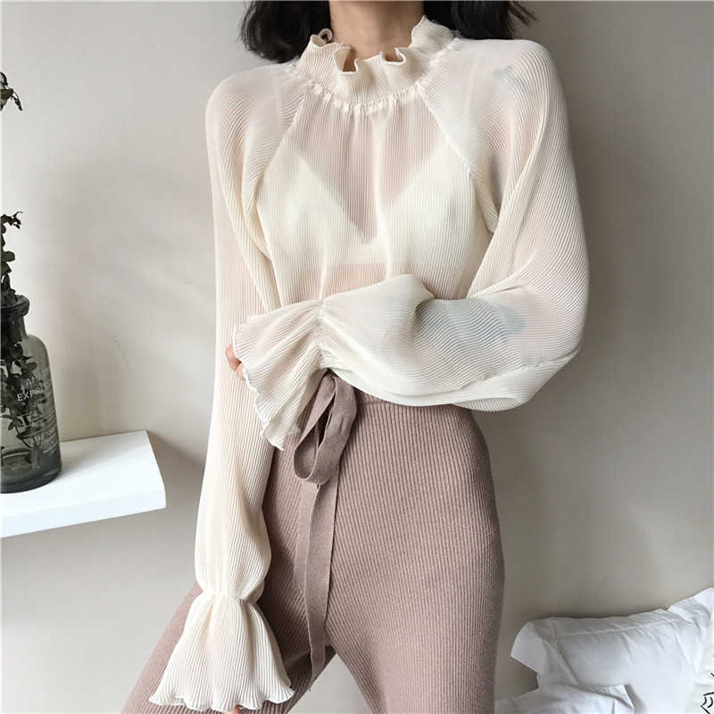 

Sweet Hem Ruffles Flare Sleeve Blouse Spring Shirt Women Top Retro Kawaii Chemise Femme Chemisier Blusa Mujer 210601, White
