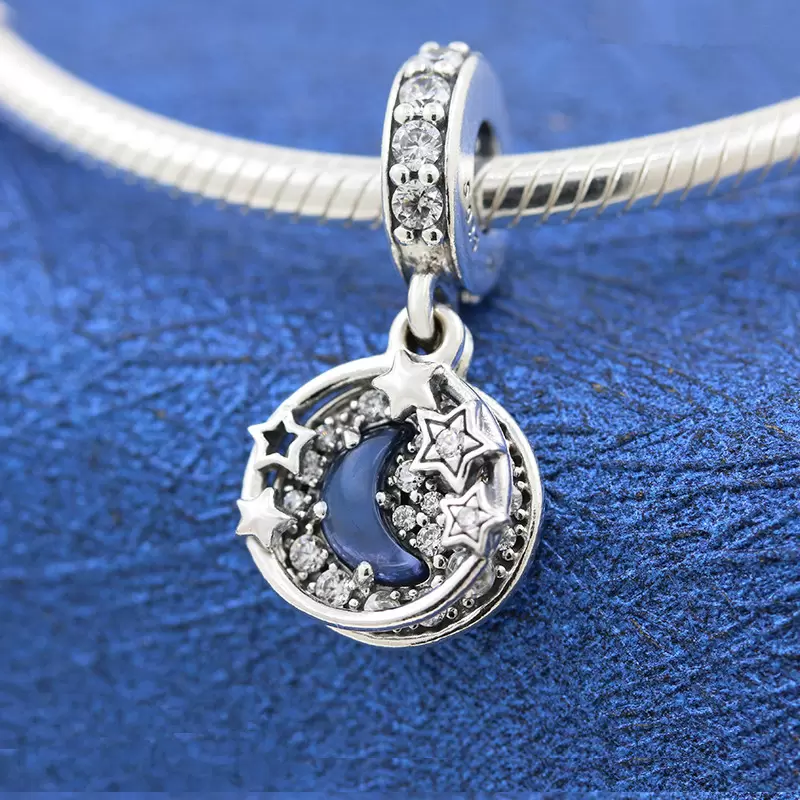 

2021 Winter 925 Sterling Silver Night Sky Crescent Moon & Stars Dangle Charm beads Fits European Pandora Jewelry Charm Bracelets, Black