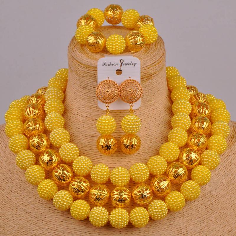 

Earrings & Necklace Yellow Imitation Pearl African Jewelry Set Nigerian Wedding Beads Party FZZ46, Silver