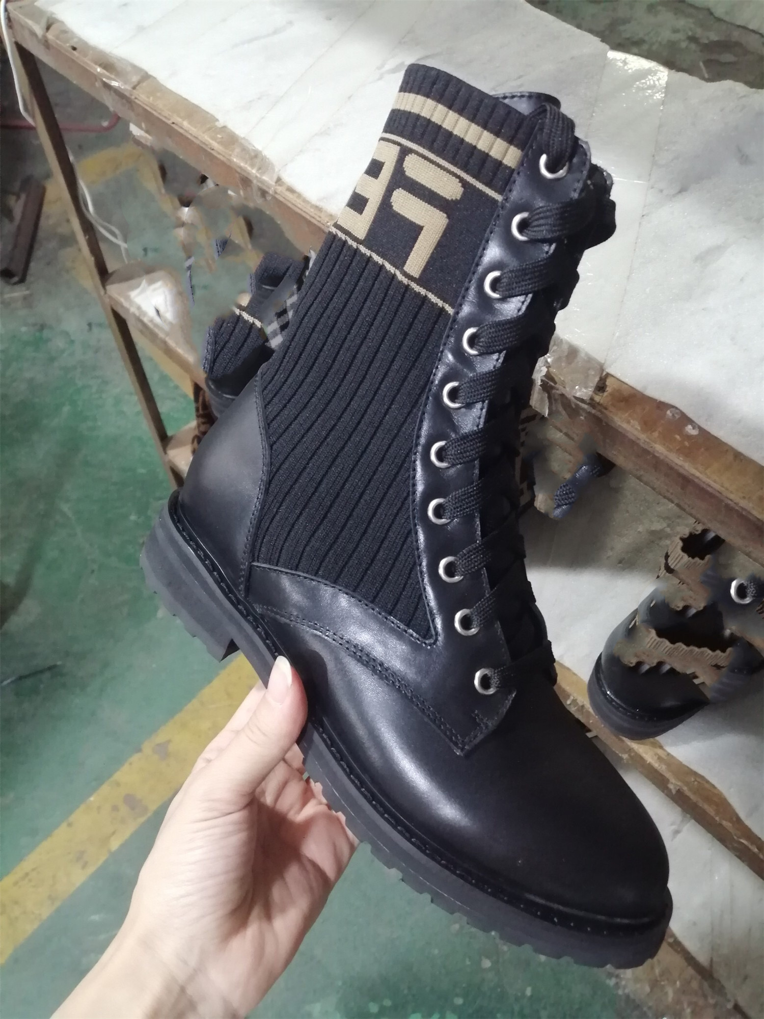 

Black motorcycle boots knitting F print logo cloth leather Martin boots elastic cloth sleeve women shoes001, Color 4