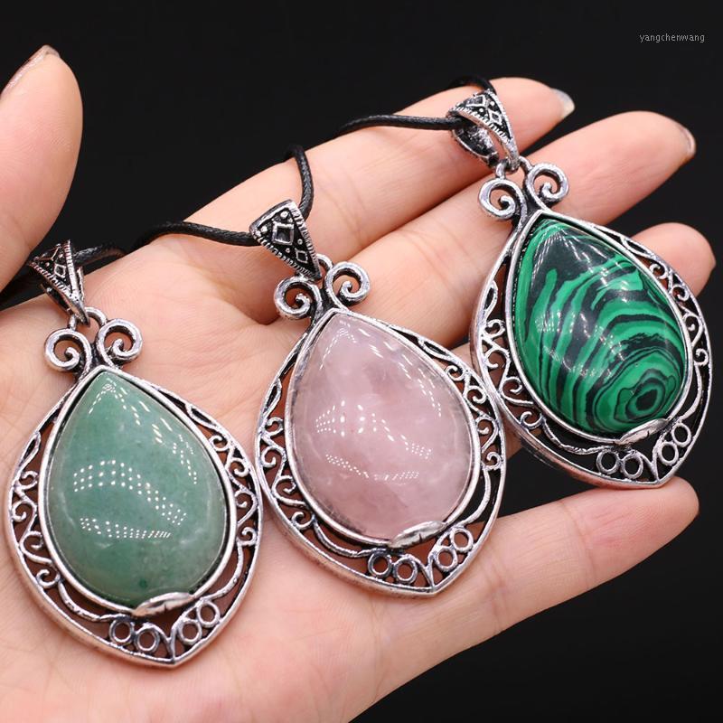 

Chains 45cm Natural Green Aventurines Malachite Rose Quartzs Stone Leather Rope Pendant For Women Necklace Accessories Size 35x45mm