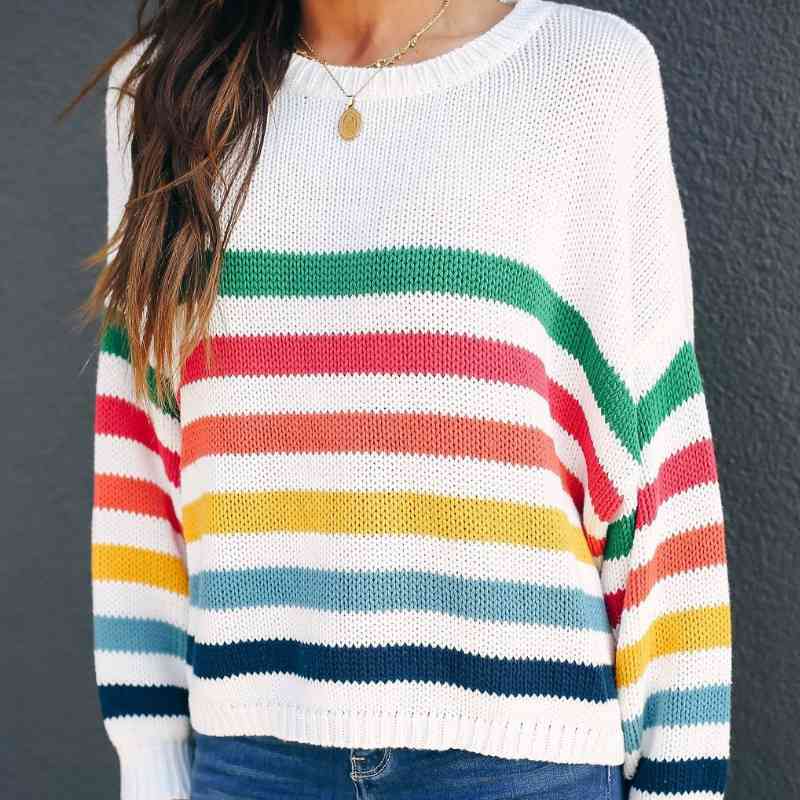 

Oversized Ladies Rainbow Sweater Women Autumn Winter Tops Knitted Pullovers Knitwear Loose Striped Sweaters Female 210603, White