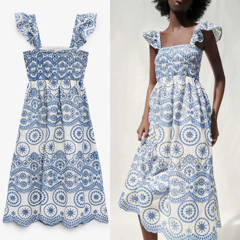 

Za Embroidered Openwork Straps Long Dress Women Sleeveless Ruffle Vintage Blue Summer Dress Woman Pleated Party Dresses 210602