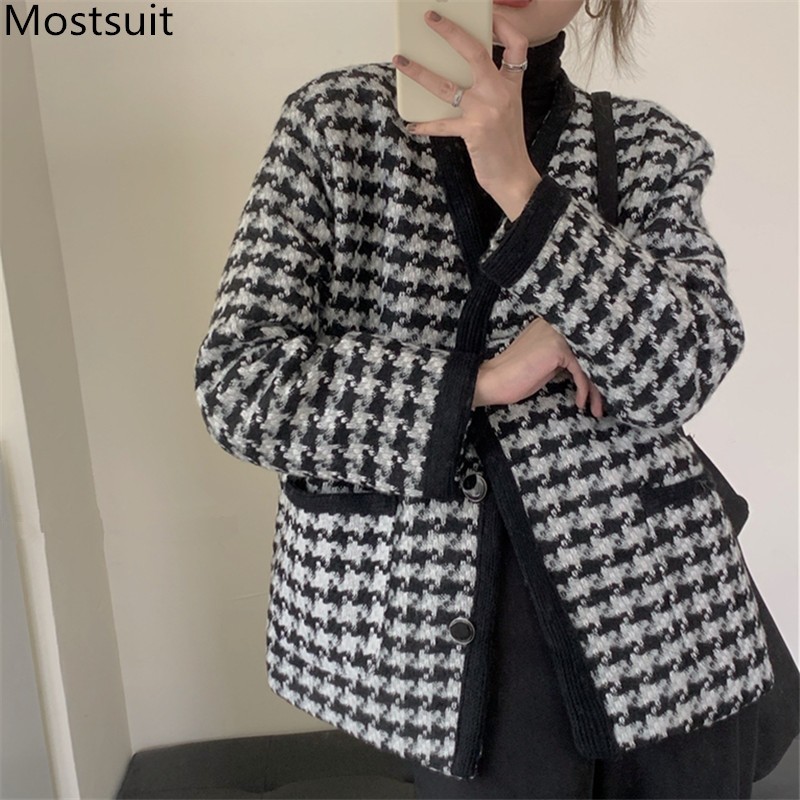

Winter Vintage Thick Houndstooth Women Coat Autumn V-neck Single-breasted Korean Elegant Female Jacket Tops Femme 210518, Black