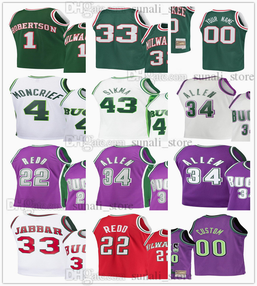 

Custom Retro Basketball Jack Sikma 43 Jerseys Ray Allen 34 Michael Redd 22 Oscar Robertson 1 Sidney Moncrief 4 Green White Purple, New black