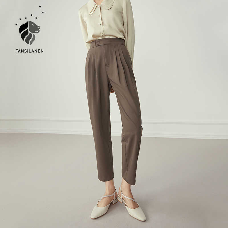 

FANSILANEN Office pleated casual suit pant high waist white straight trousers Autum winter female vintage 210607, Yellow
