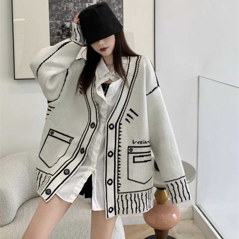

Retro Temperament Loose V Neck Graffiti Cardigan Knitted Jacket Long Autumn Winter Sweaters Tops Fashion Casual Pull 211018, White
