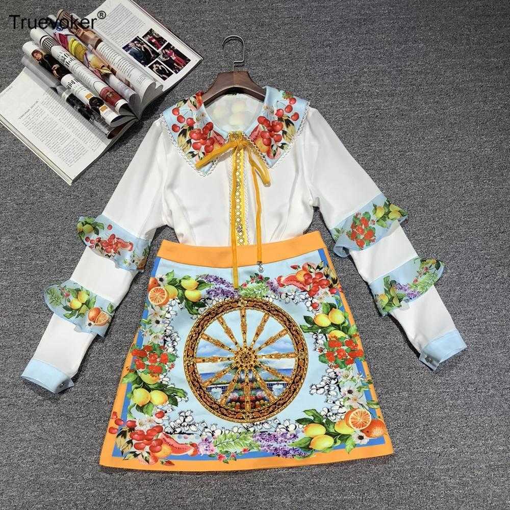 

Truevoker Autumn Runway Fashion Sets Suit' Fruit Print Embroidery Blouses + Diamond Skirt Two Pieces 210602, Royal blue