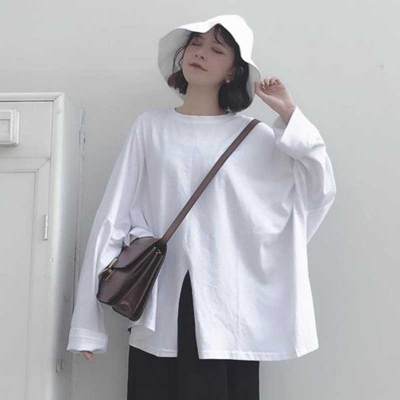 

Solid O Neck Full T-shirt for Women's Spring Loose Plus Size Irregular Fork Tops Casual Women T-shirts 210615, Black